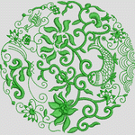 绿色刺绣花卉鱼纹图案