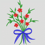 红色花朵与蓝色丝带花束
