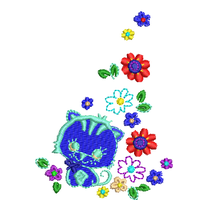 蓝色猫咪与彩色花朵刺绣图案 免费花样