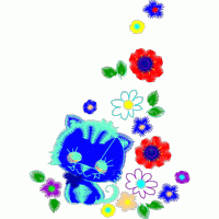 蓝色猫咪与彩色花朵刺绣图案 免费花样