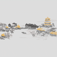 古典园林水景图 背景阁楼绣花花样版带下载